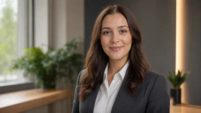 Corporate headshot in modern office with soft window key and rim light, blurred background.