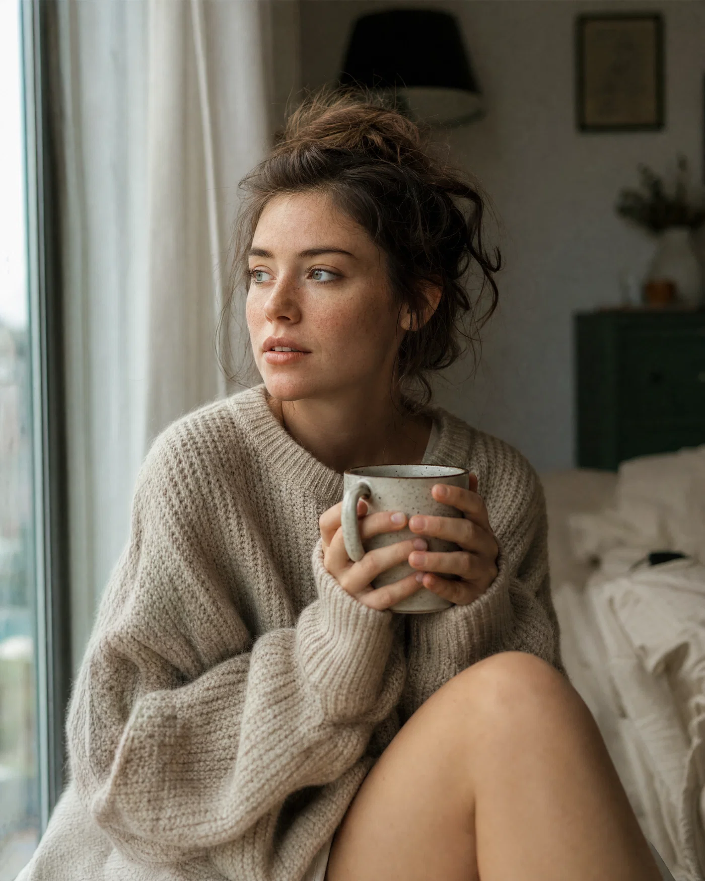 Cozy window-light portrait of a young adult woman in a knit sweater with natural freckles.