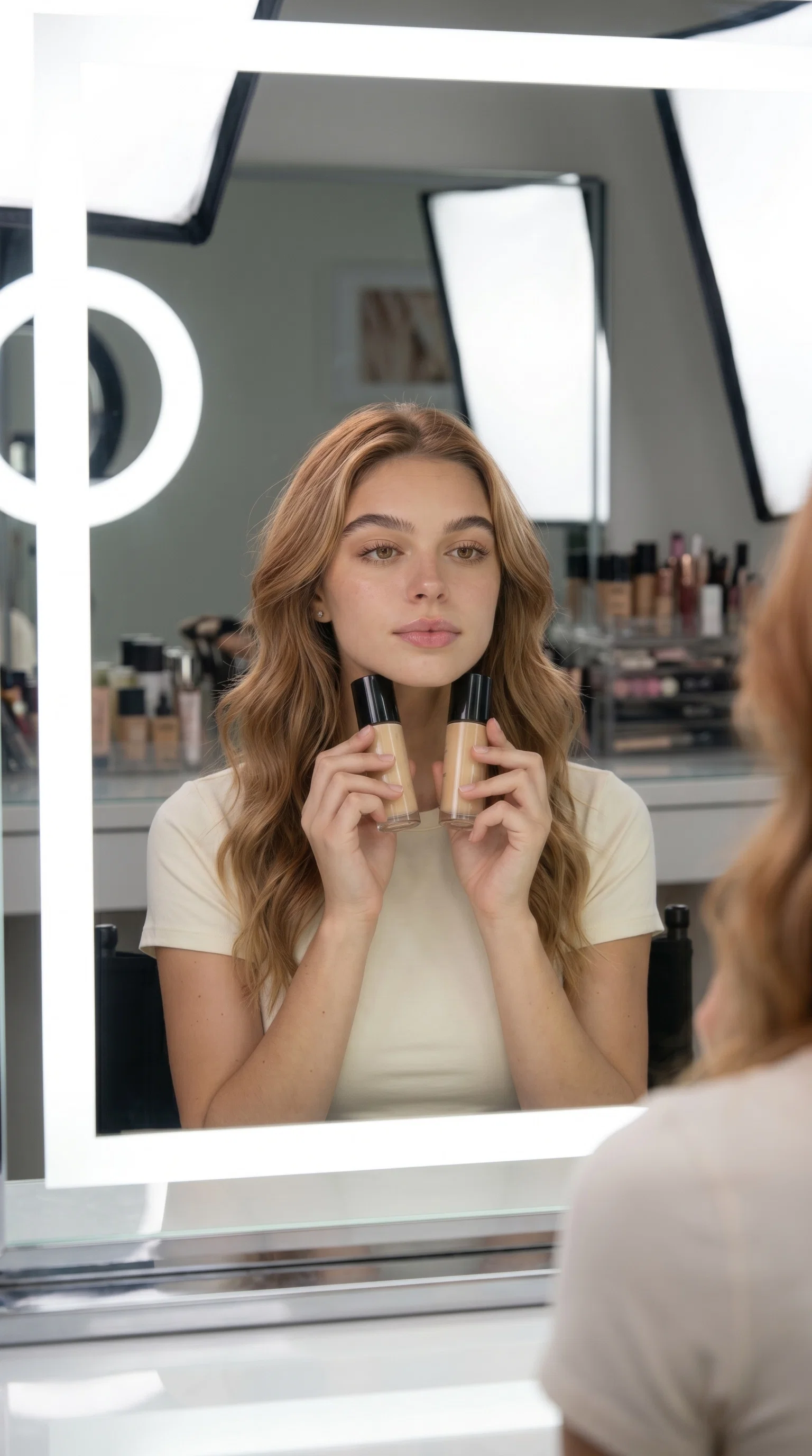 Cream-skinned beauty influencer comparing foundation shades under clean studio lighting