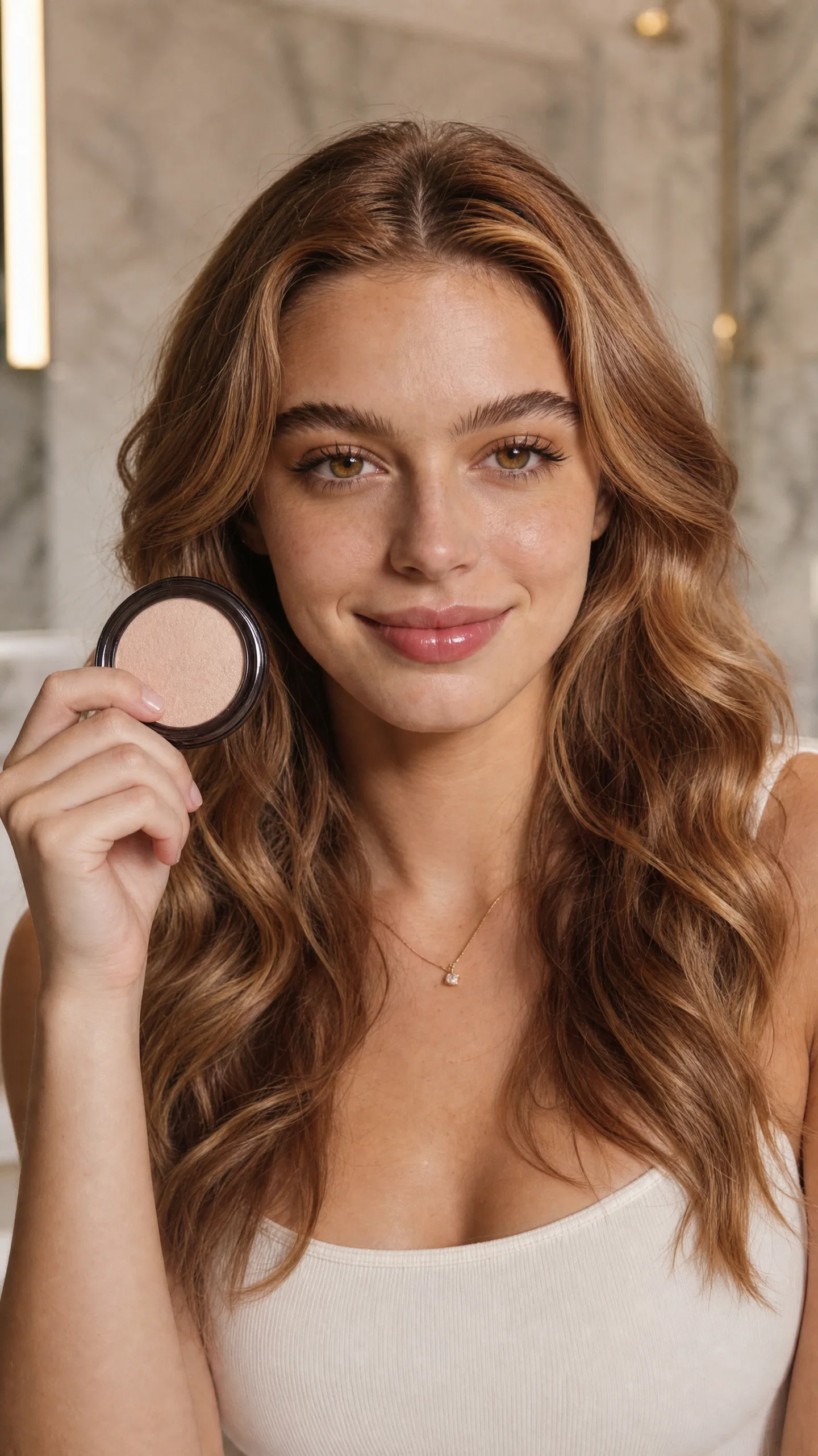 Cream-skinned beauty influencer headshot holding compact near cheek in bright bathroom
