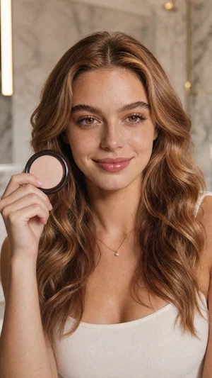 Cream-skinned beauty influencer headshot holding compact near cheek in bright bathroom