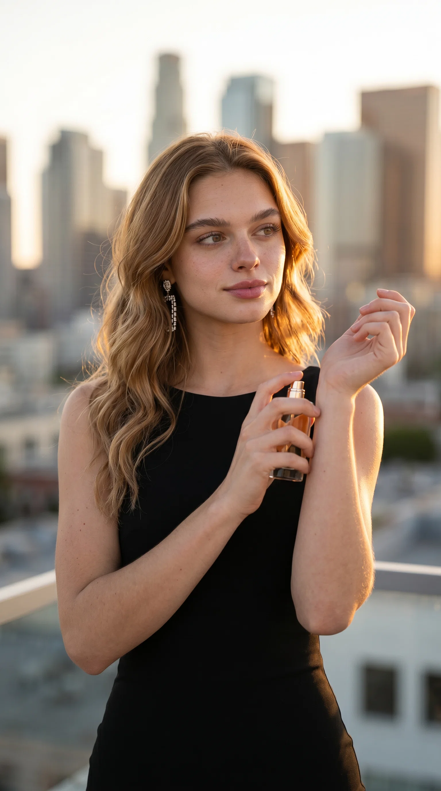 Cream-skinned influencer showcasing fragrance on rooftop with skyline background