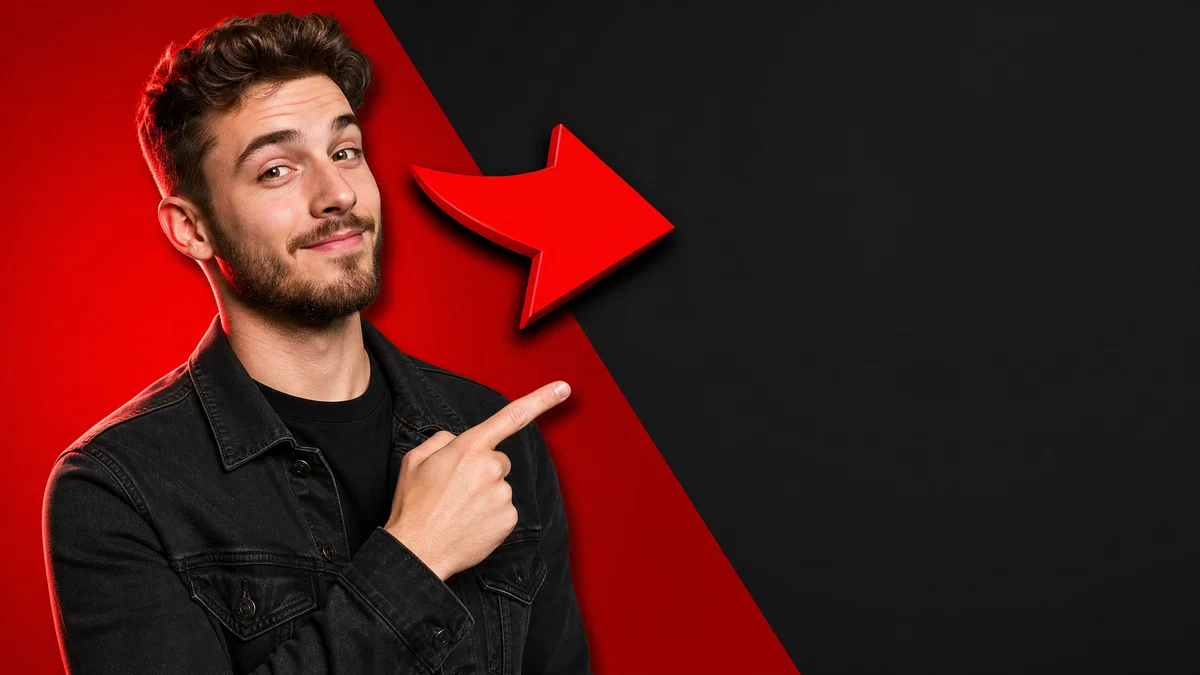 Creator pointing toward empty banner space on a bold red and charcoal YouTube thumbnail layout