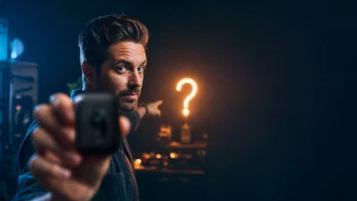 Creator teasing a mystery gadget with a glowing question-mark light and large dark space for thumbnail text