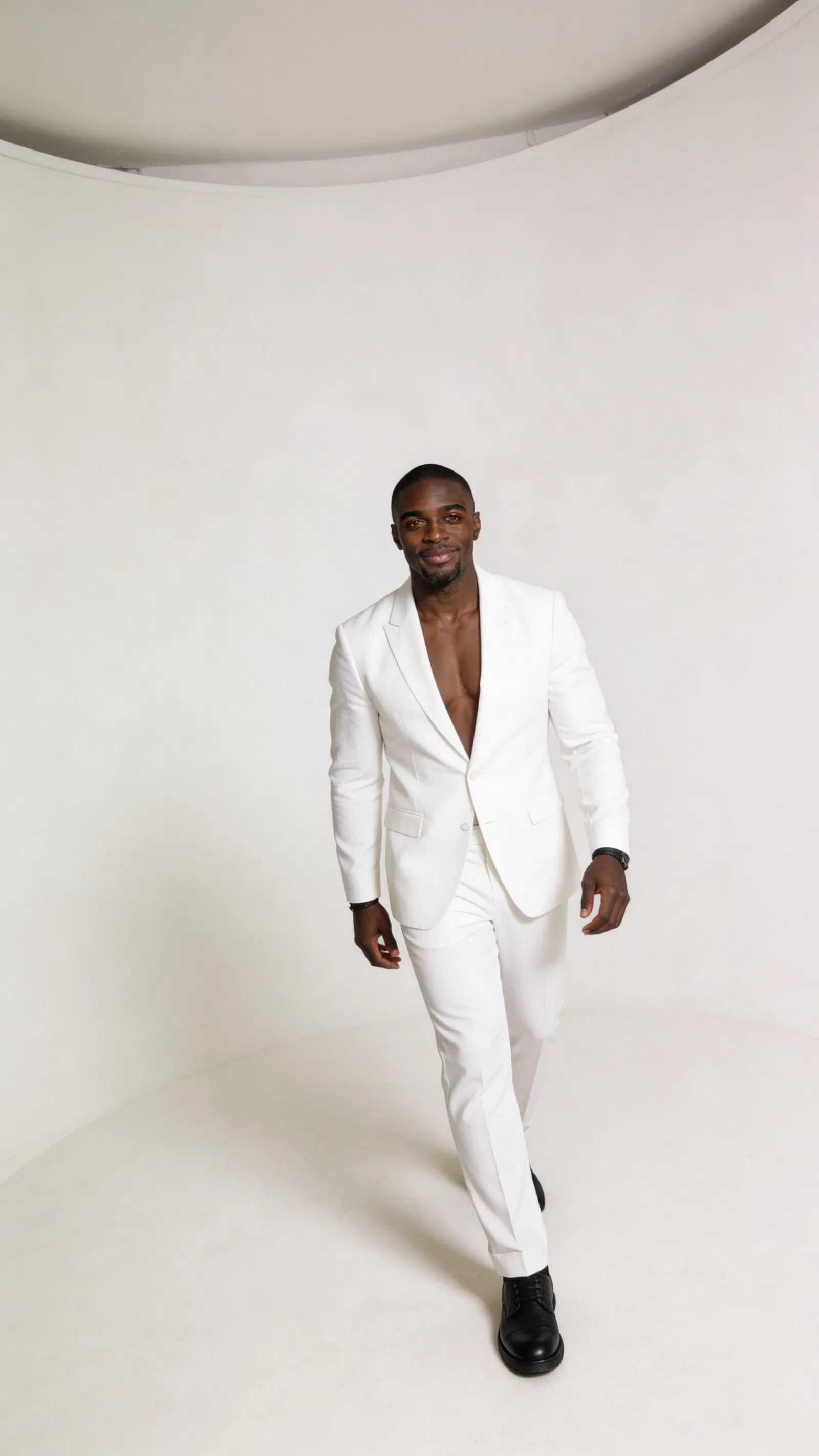 Crisp white studio fashion stance with profile-ready glamour lighting