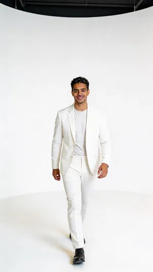 Crisp white studio fashion stance with profile-ready glamour lighting