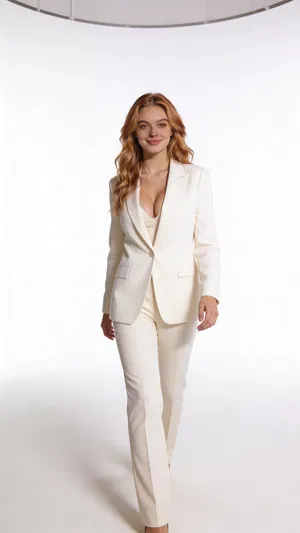 Crisp white studio fashion stance with profile-ready glamour lighting