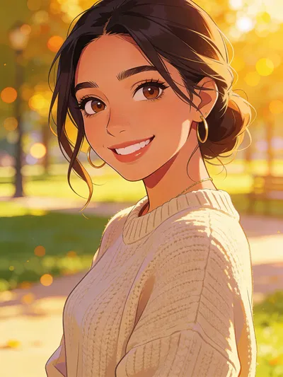 Cute anime pfp of a Latina woman at golden hour in a park