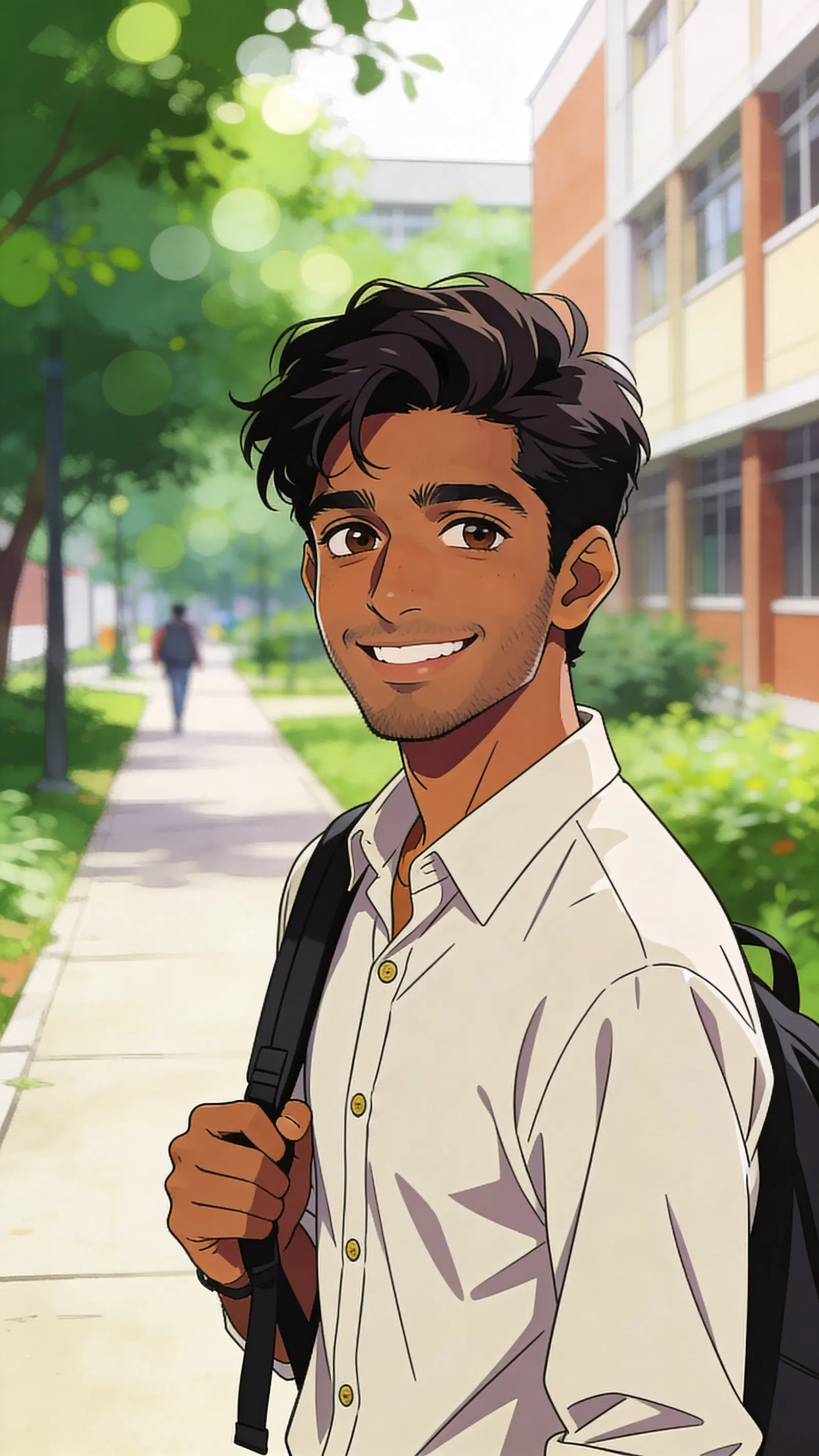 Cute anime pfp of a South Asian man walking on a campus path