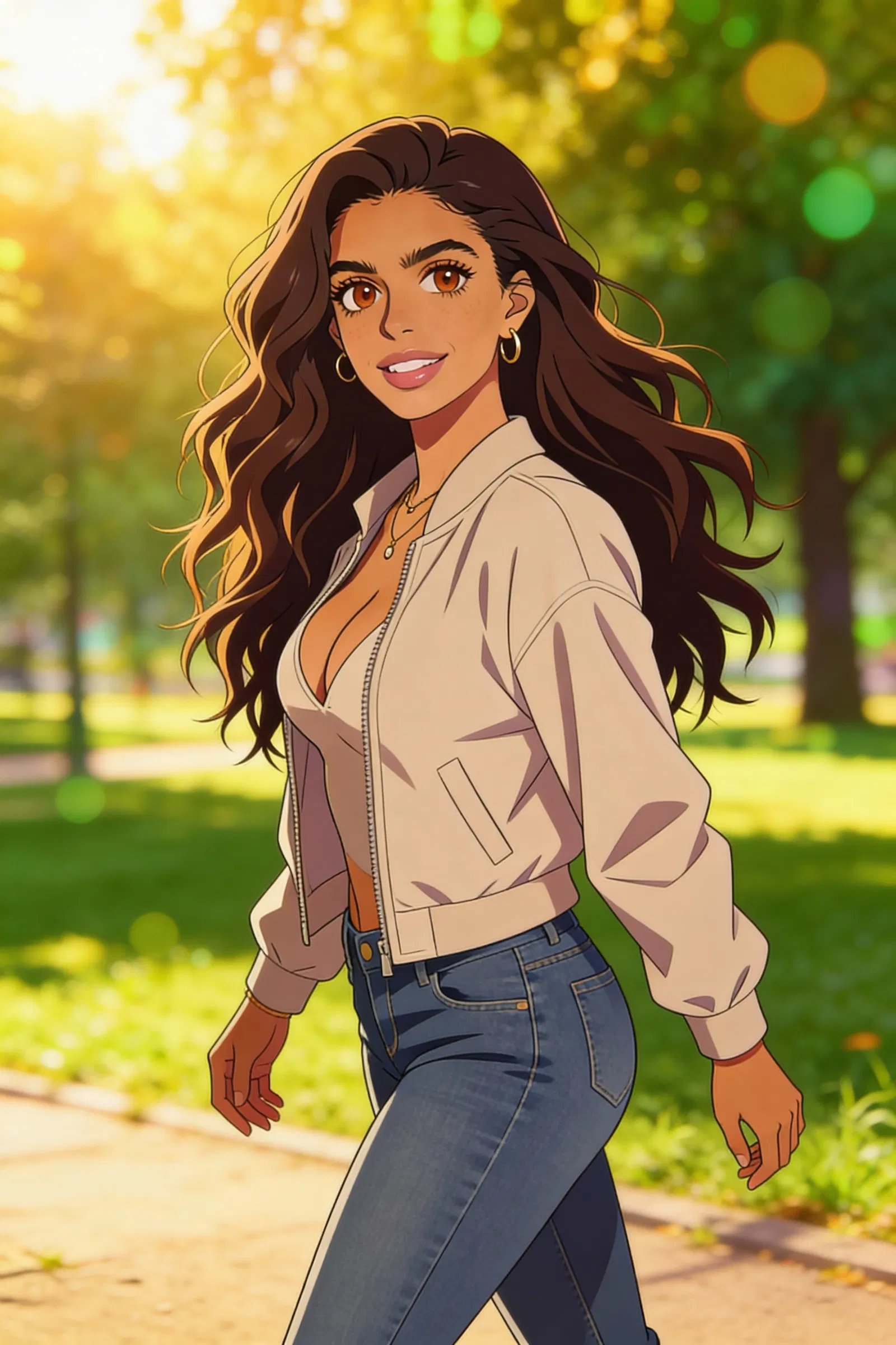 Cute anime pfp of the same woman walking in a golden-hour park