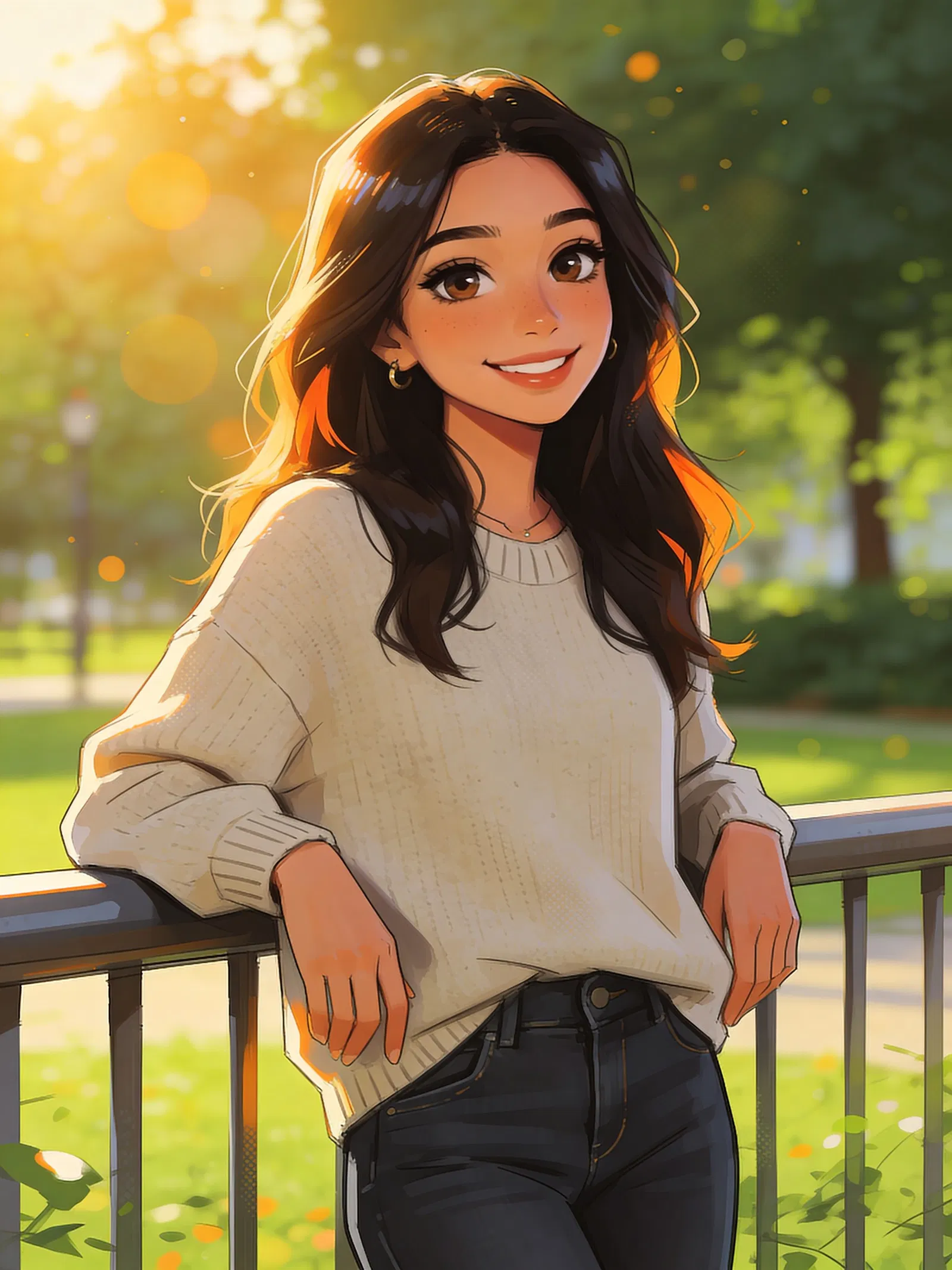 Cute anime profile photo of a Latina woman at golden hour outdoors