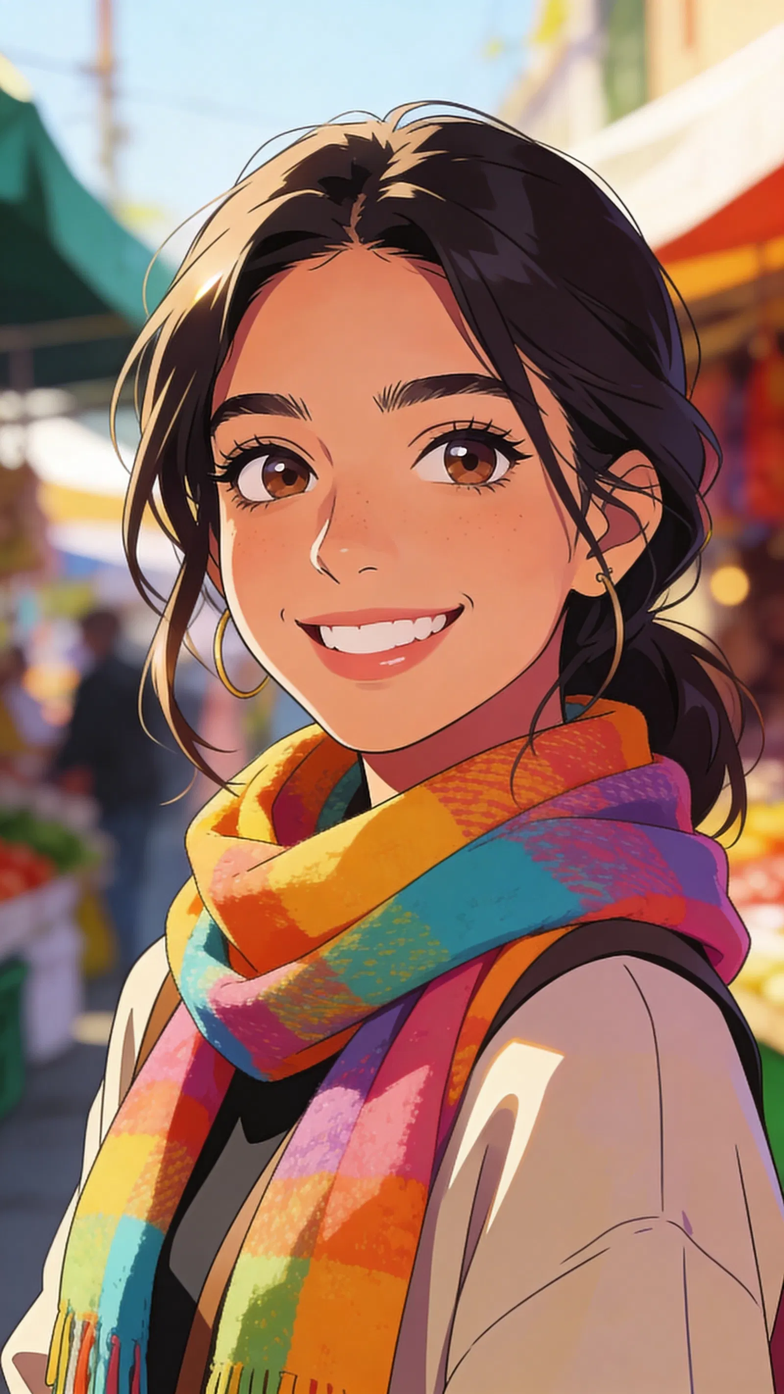 Cute anime profile photo of a Latina woman in a bright outdoor market setting