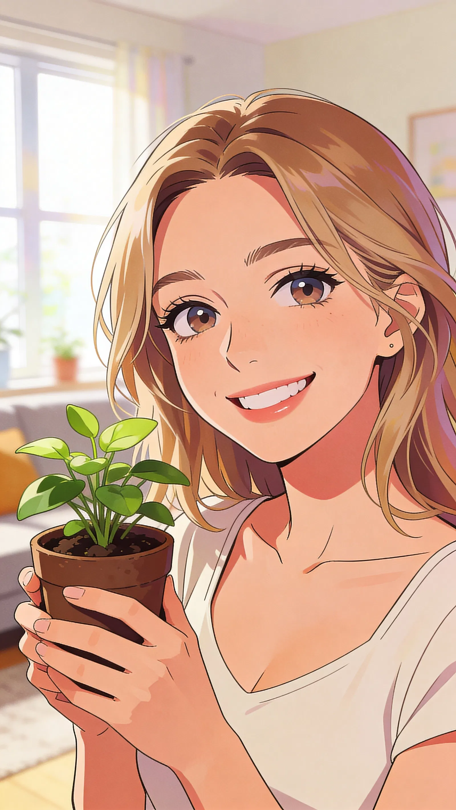 Cute anime profile picture of a White woman holding a houseplant at home