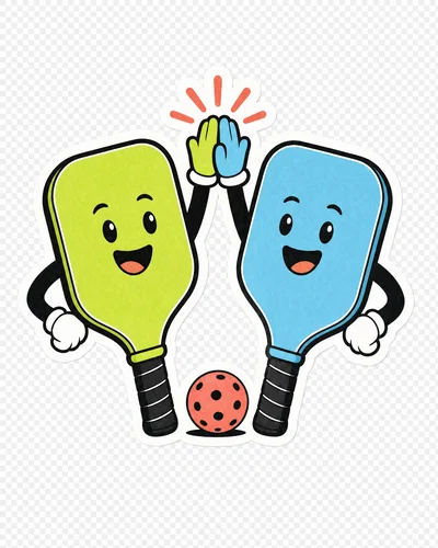 Cute pickleball paddles high-fiving as characters, bold outline, bright colors on transparent background.