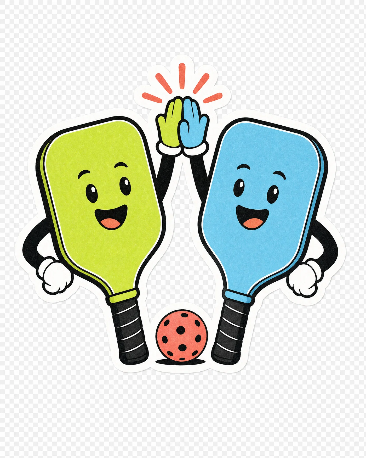 Cute pickleball paddles high-fiving as characters, bold outline, bright colors on transparent background.