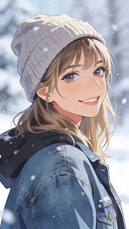 Cute winter anime profile picture of a White woman wearing a beanie