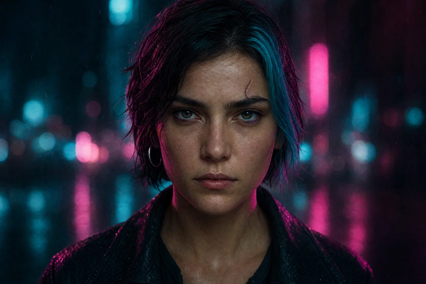 Cyberpunk neon portrait centered for a circular avatar, with magenta and cyan lighting.