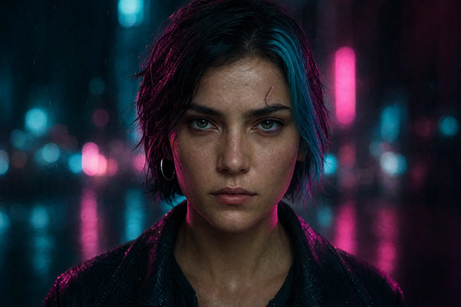 Cyberpunk neon portrait centered for a circular avatar, with magenta and cyan lighting.