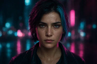 Cyberpunk neon portrait centered for a circular avatar, with magenta and cyan lighting.