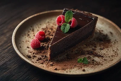 Dark chocolate torte with ganache and raspberries on dark oak, moody side light.