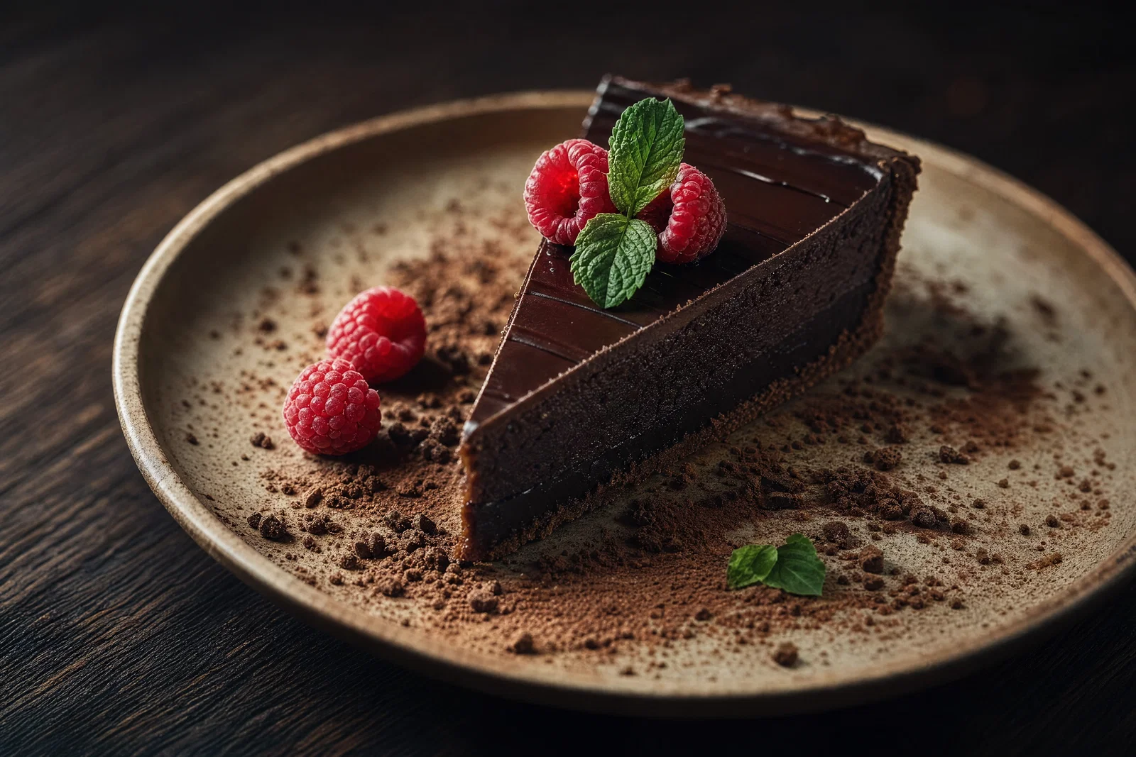 Dark chocolate torte with ganache and raspberries on dark oak, moody side light.