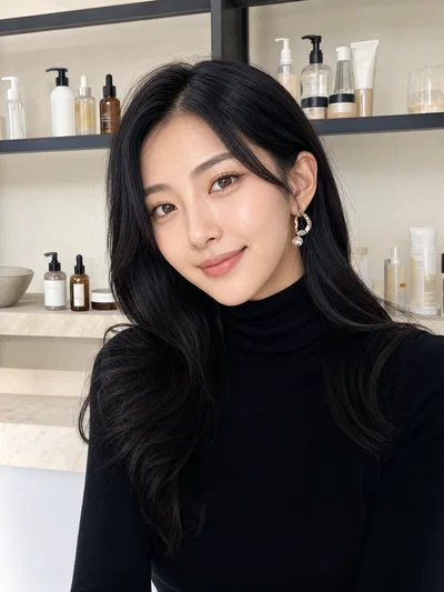East Asian beauty creator portrait with skincare shelf background
