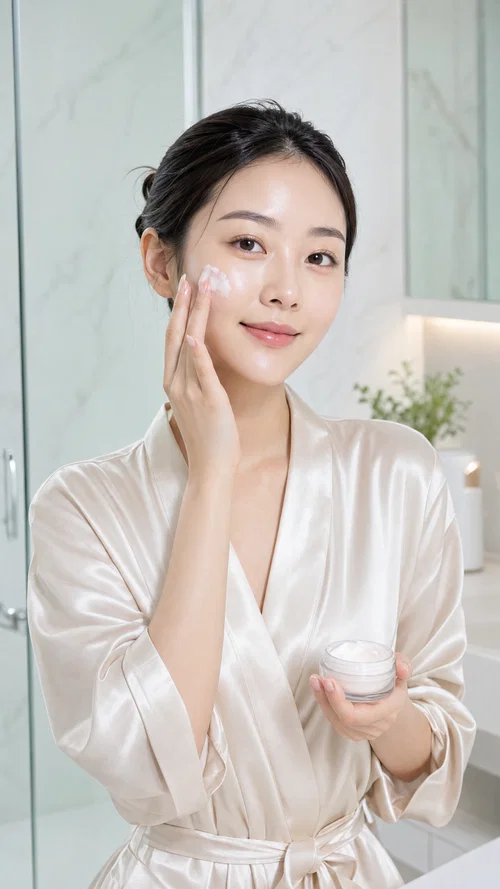 East Asian beauty influencer applying moisturizer in bright bathroom skincare routine