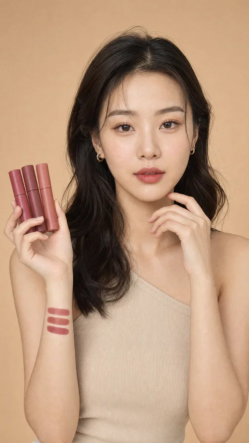 East Asian beauty influencer comparing lip products for swatch-style content in studio