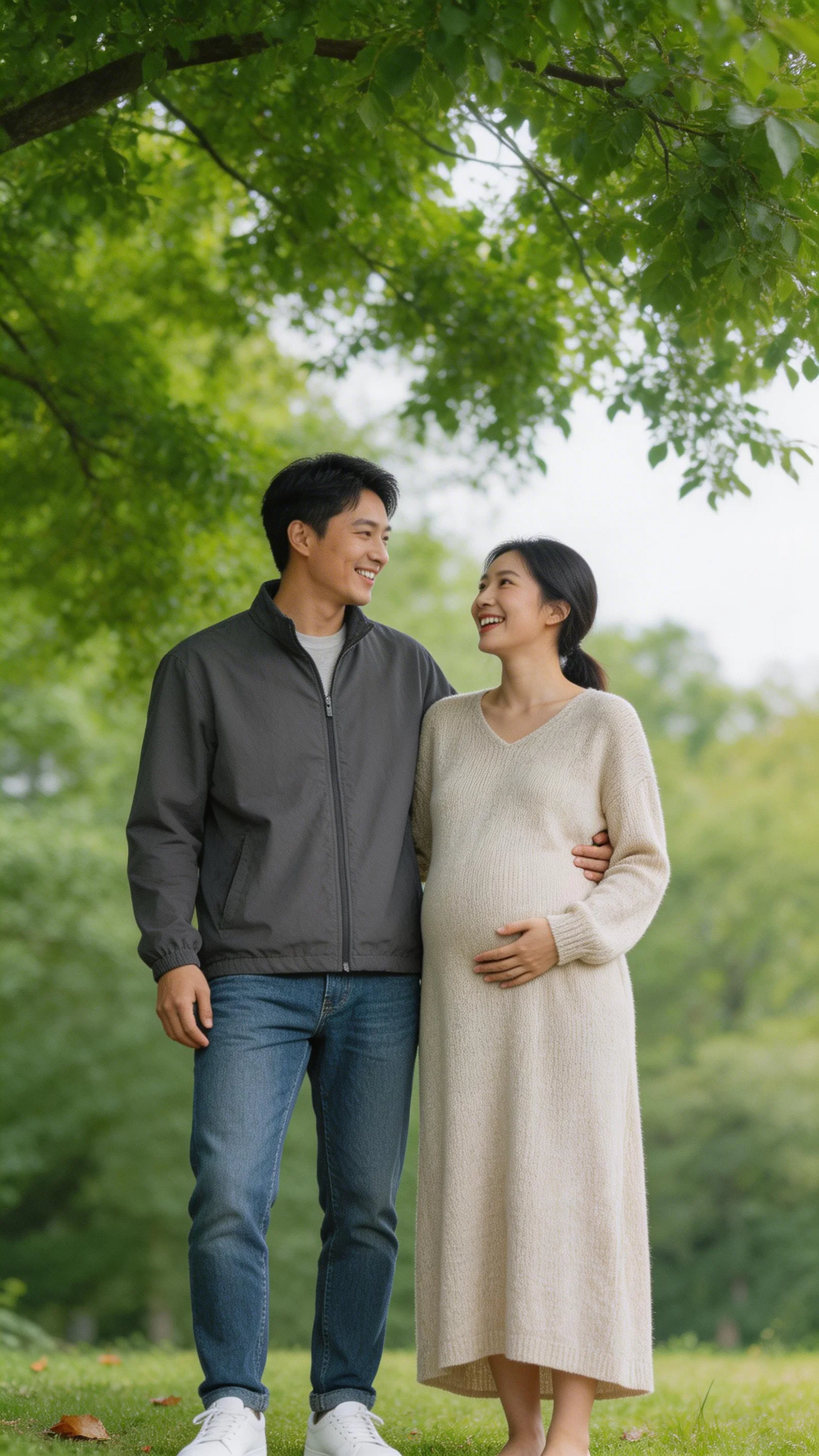 East Asian couple laughing outdoors in a candid maternity lifestyle portrait