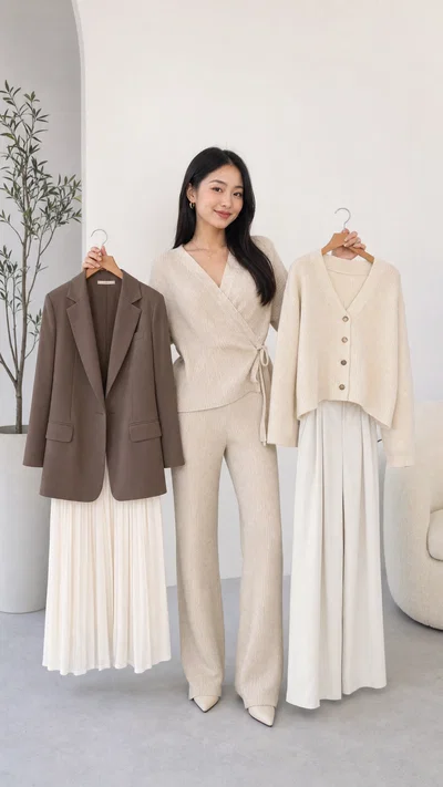 East Asian fashion creator comparing two outfits on hangers in studio