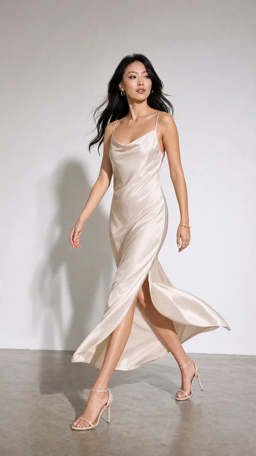 East Asian fashion influencer doing runway walk in studio in slip dress