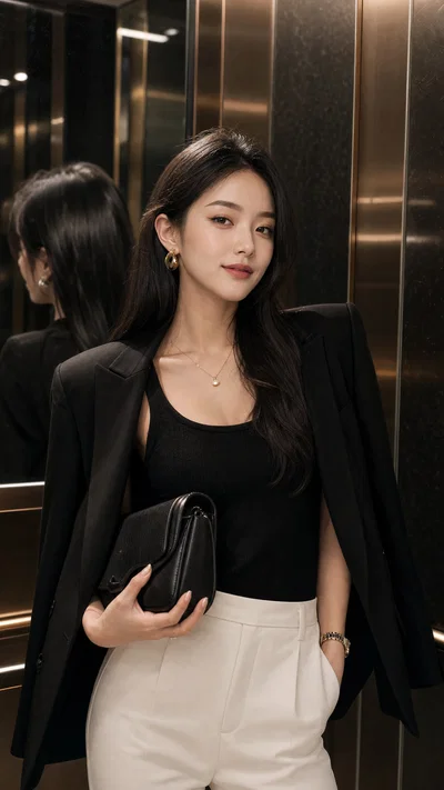 East Asian fashion influencer in luxury elevator with statement bag and monochrome outfit