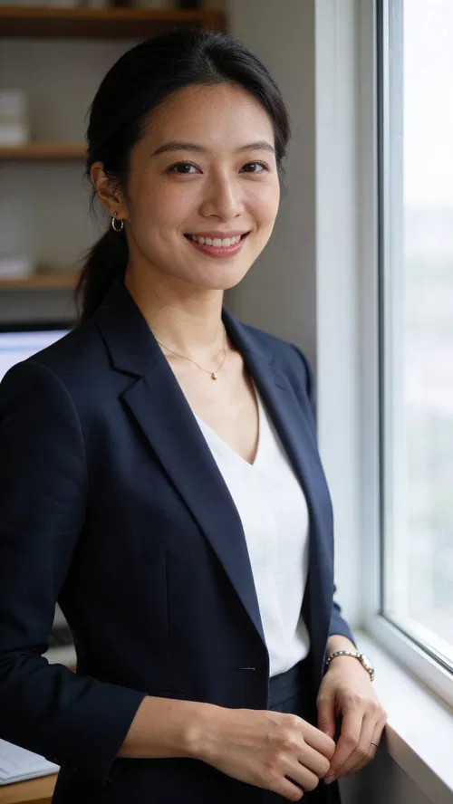 East Asian female attorney three-quarter portrait in home office, remote-ready headshot