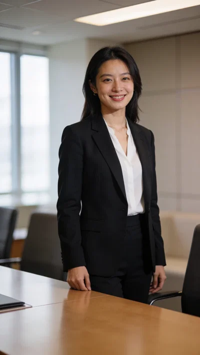 East Asian female lawyer three-quarter portrait in meeting room, friendly smile