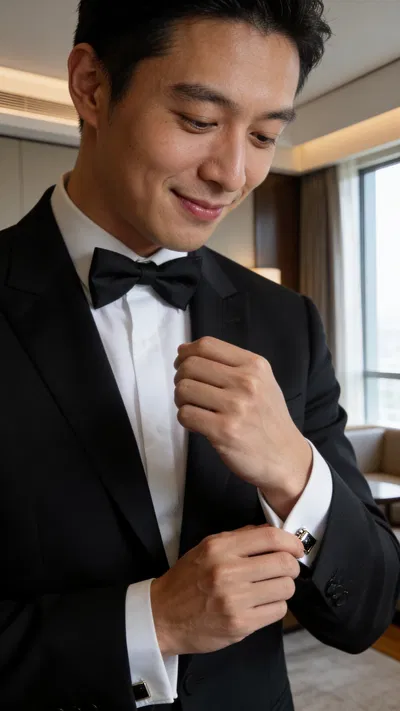 East Asian groom adjusting cufflinks in hotel room window light