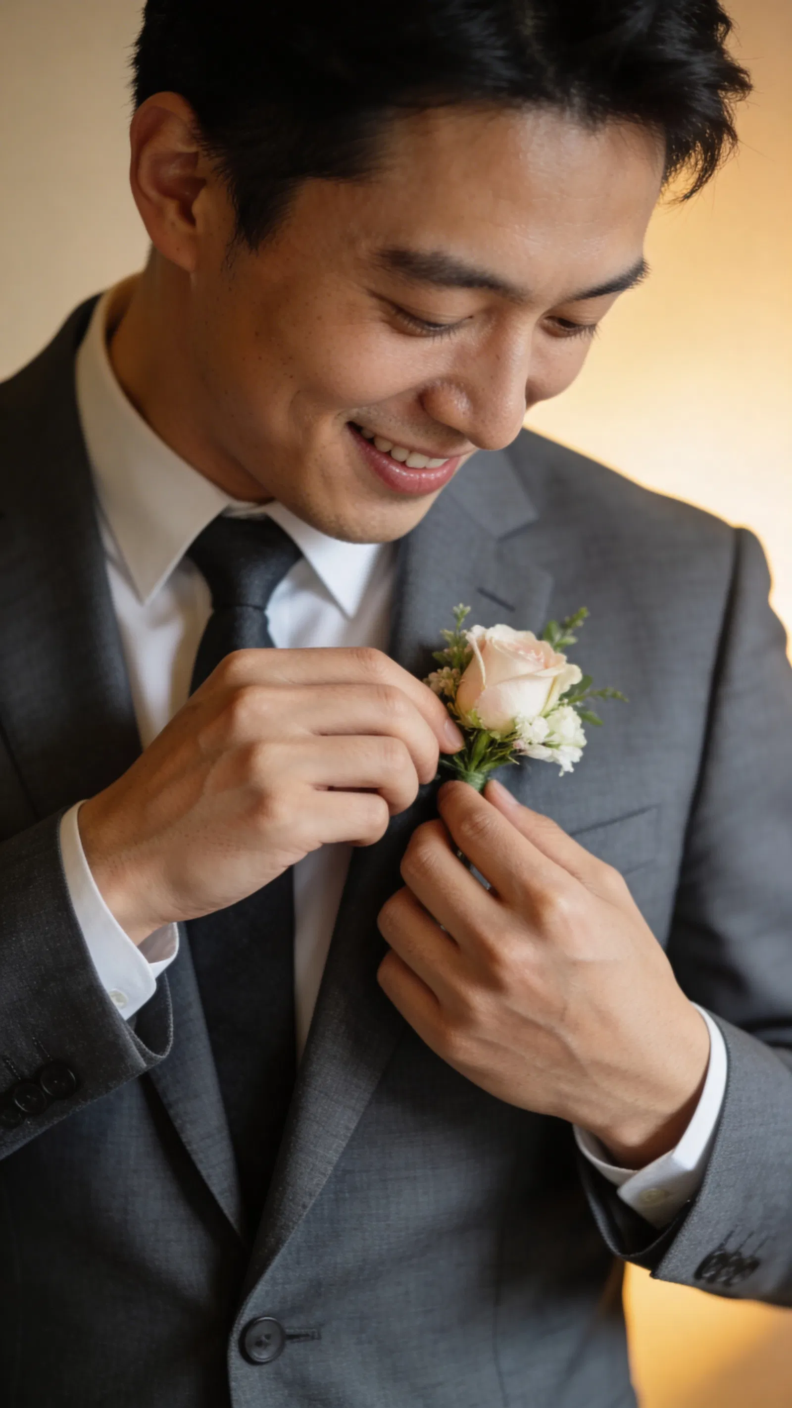 East Asian groom in charcoal suit holding boutonniere in studio