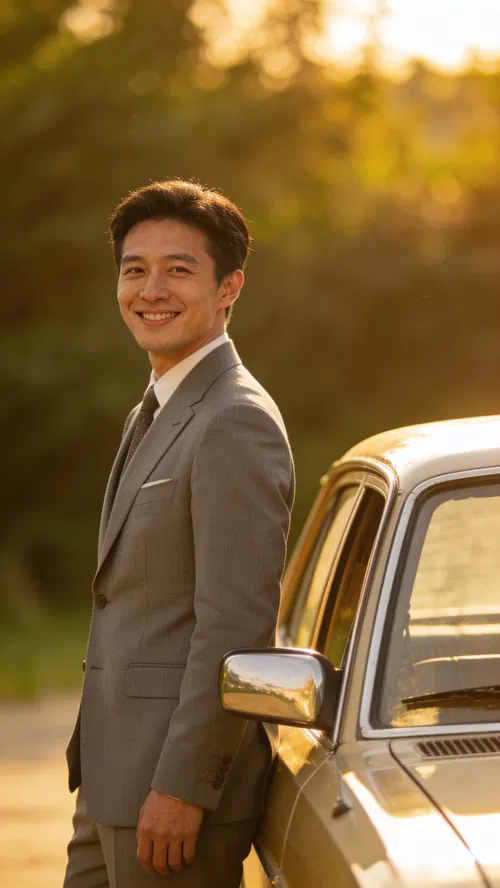 East Asian groom in gray suit beside vintage car at golden hour