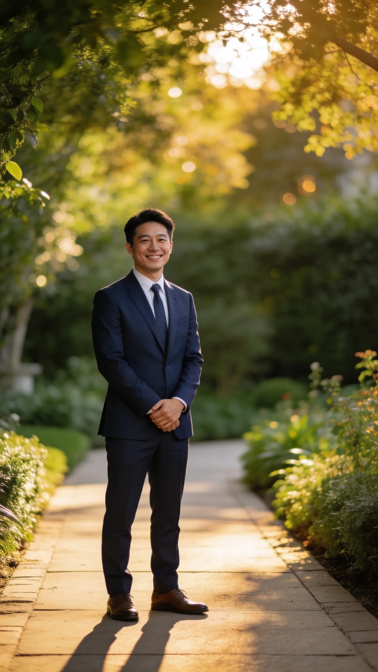East Asian groom in navy suit standing on garden walkway at golden hour