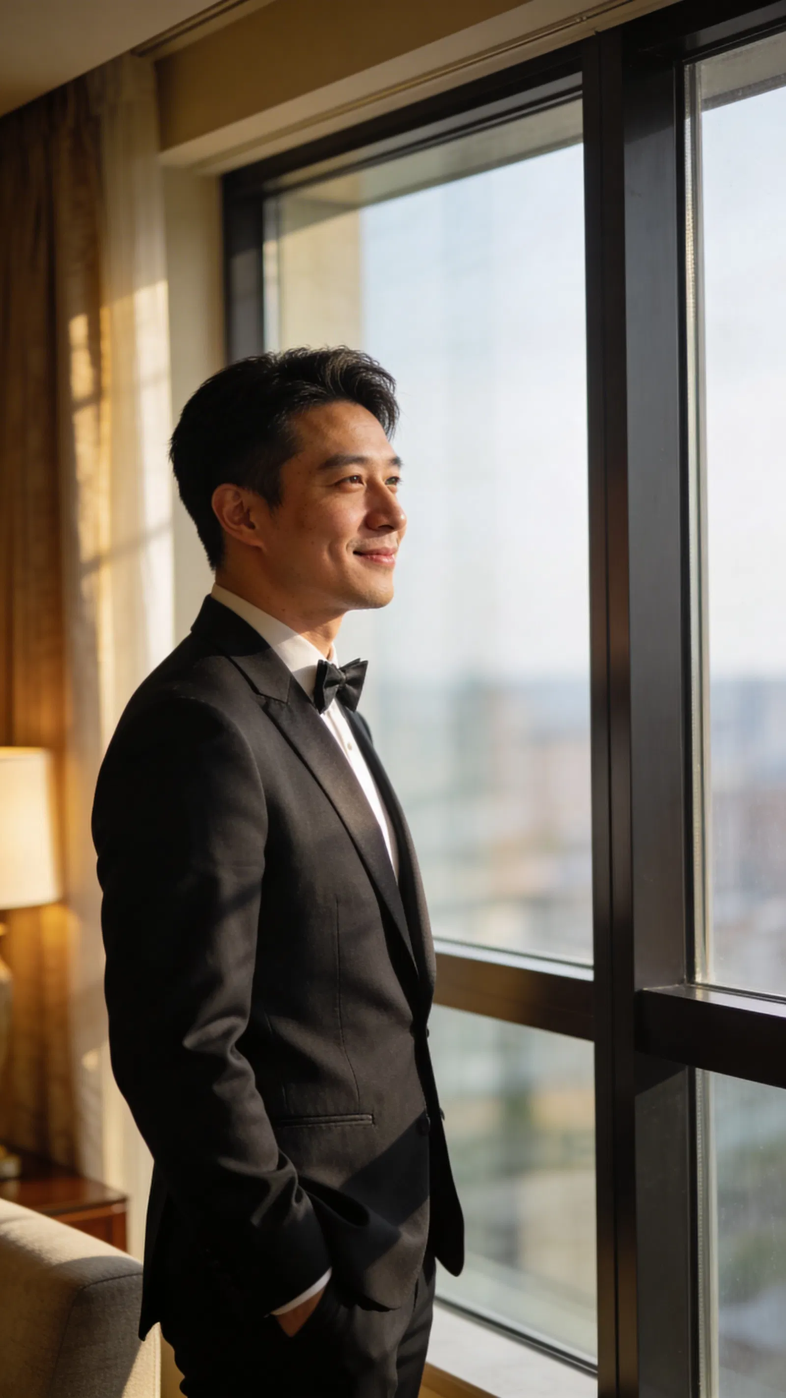 East Asian groom in tux by hotel window with thoughtful smile