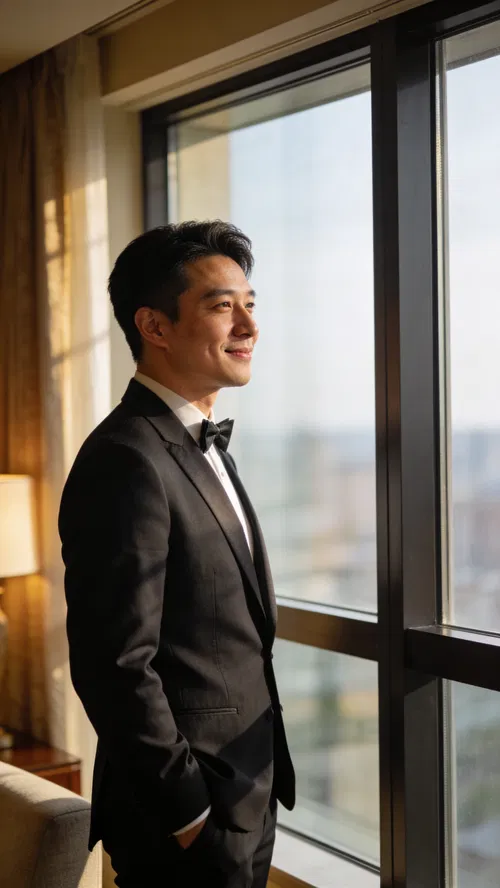 East Asian groom in tux by hotel window with thoughtful smile