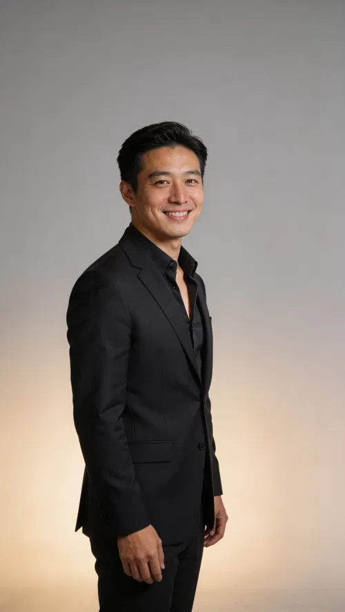 East Asian male attorney half-body studio portrait with modern open-collar style