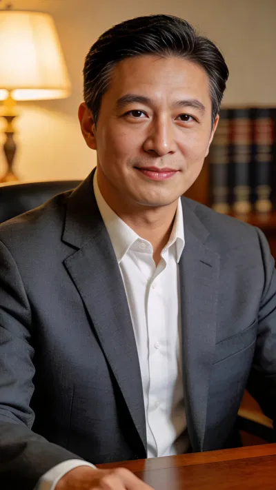 East Asian male attorney headshot seated at desk with warm office lighting