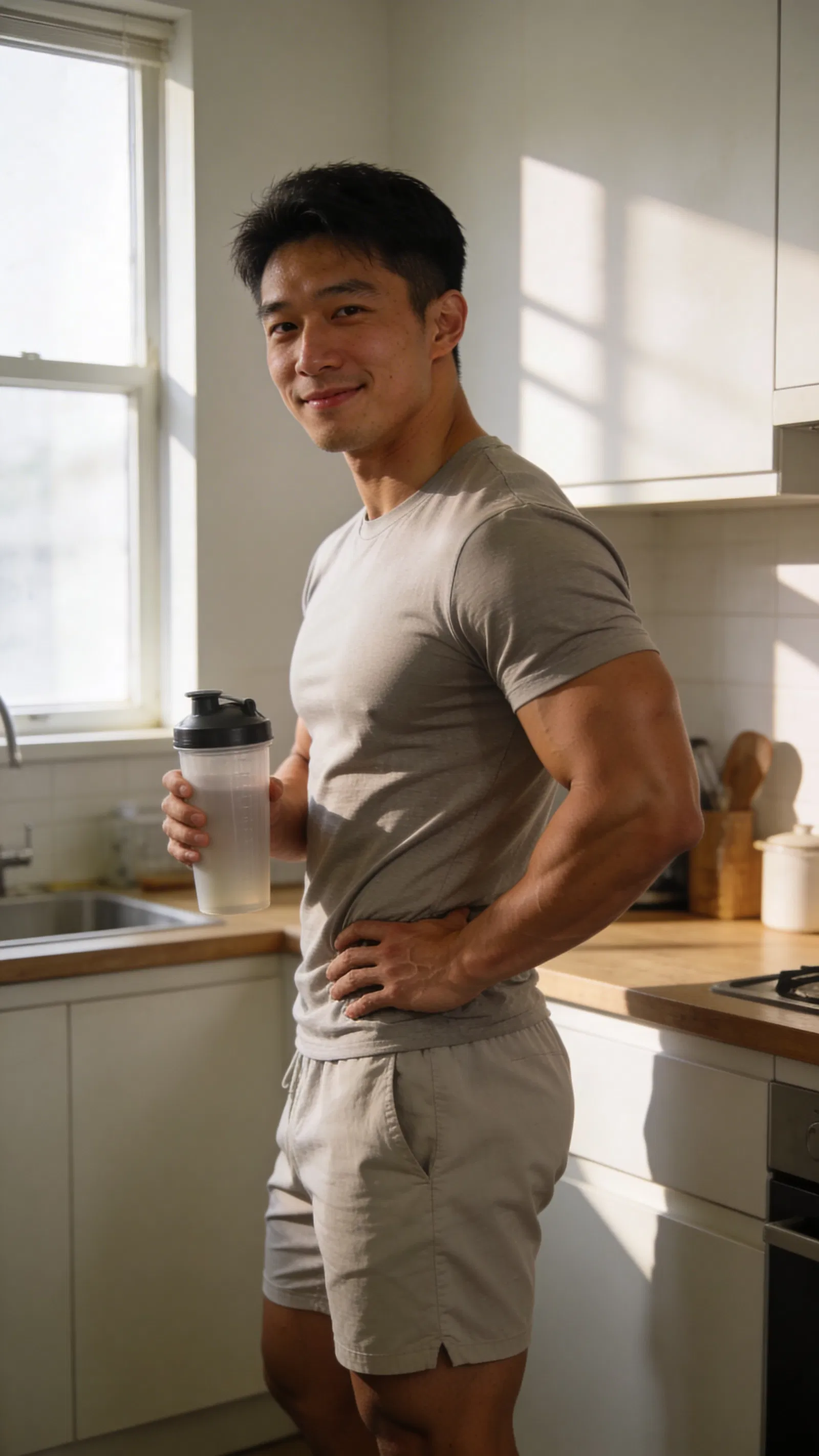 East Asian male bodybuilder 3/4 body lifestyle progress photo at home with natural window light