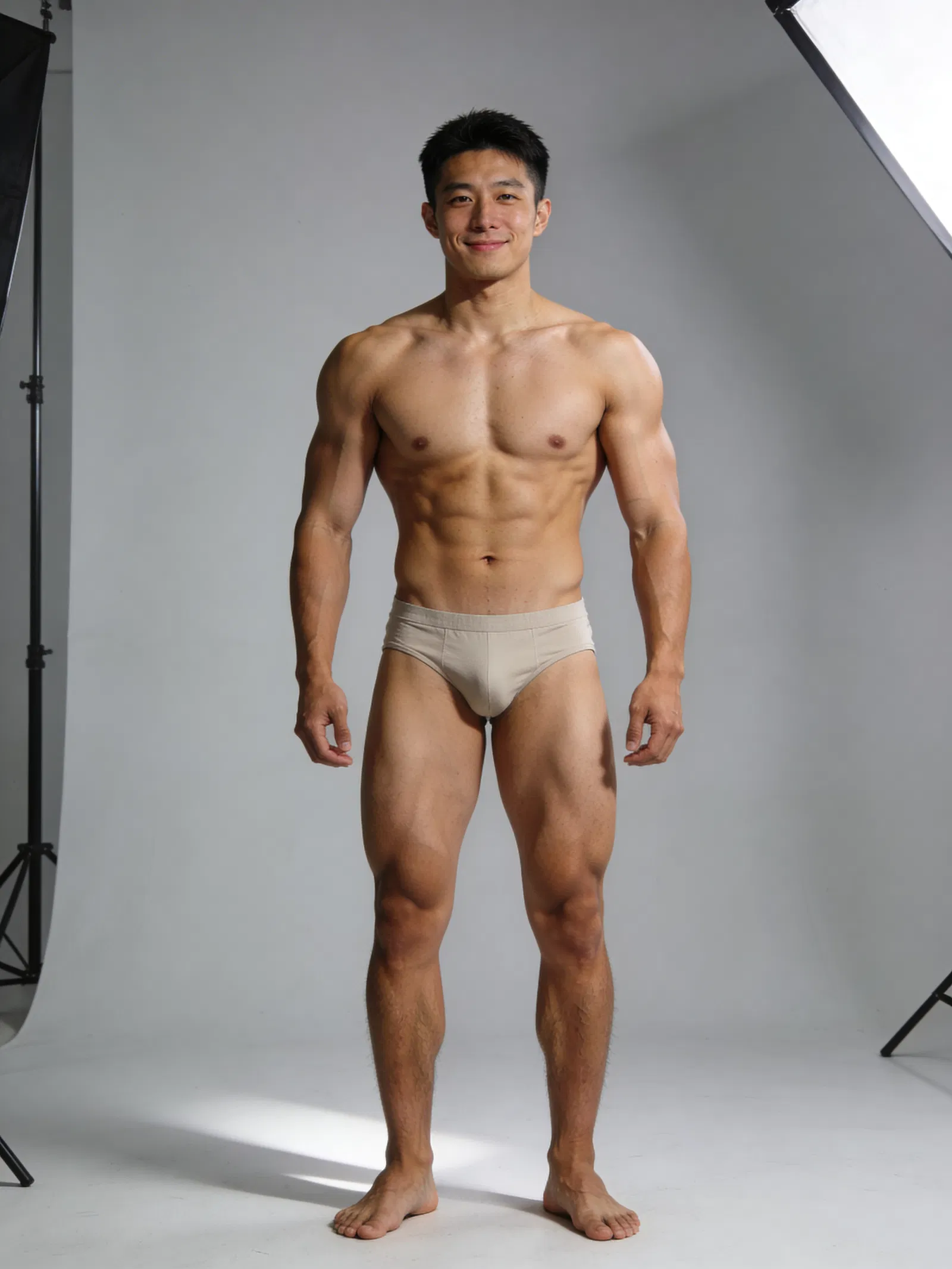 East Asian male bodybuilder full-body studio portrait with relaxed stance and clean lighting