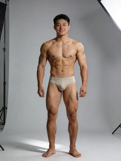 East Asian male bodybuilder full-body studio portrait with relaxed stance and clean lighting