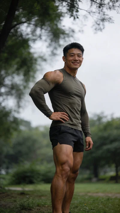 East Asian male bodybuilder outdoor full-body portrait with relaxed quarter turn pose