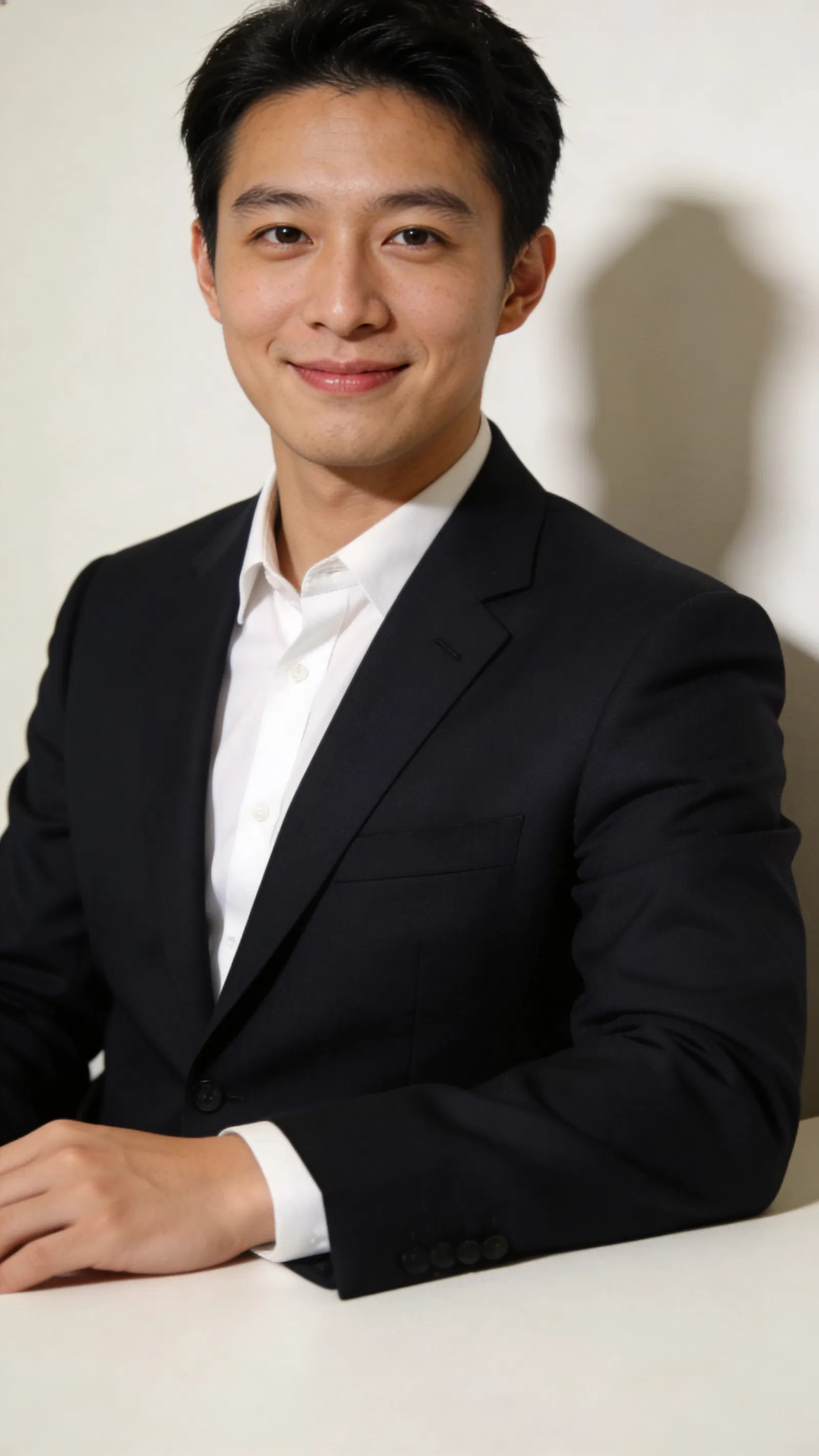 East Asian man against neutral wall in clean resume headshot