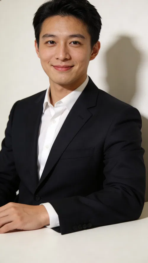 East Asian man against neutral wall in clean resume headshot