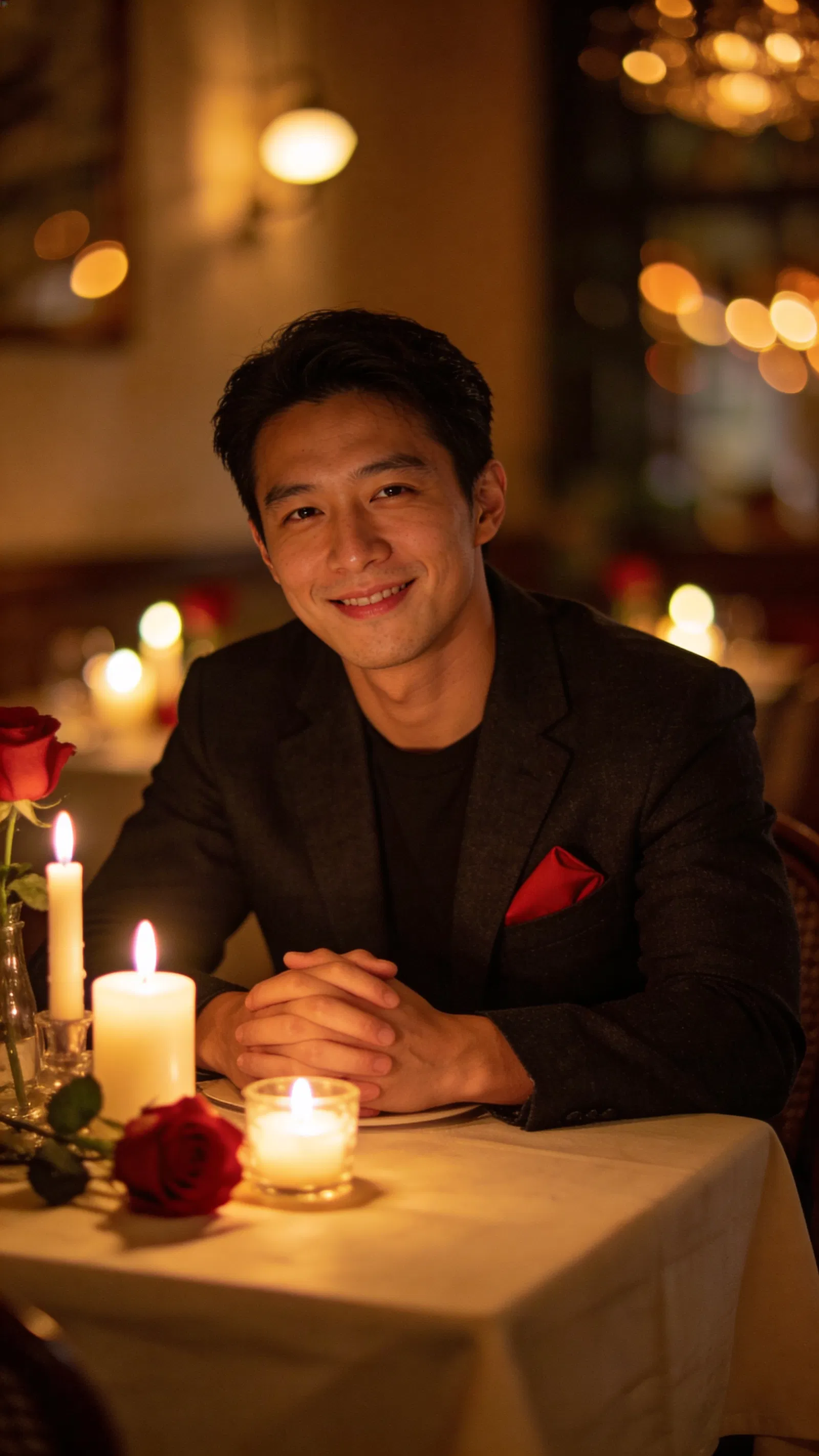 East Asian man at candlelit table with roses, warm restaurant bokeh.