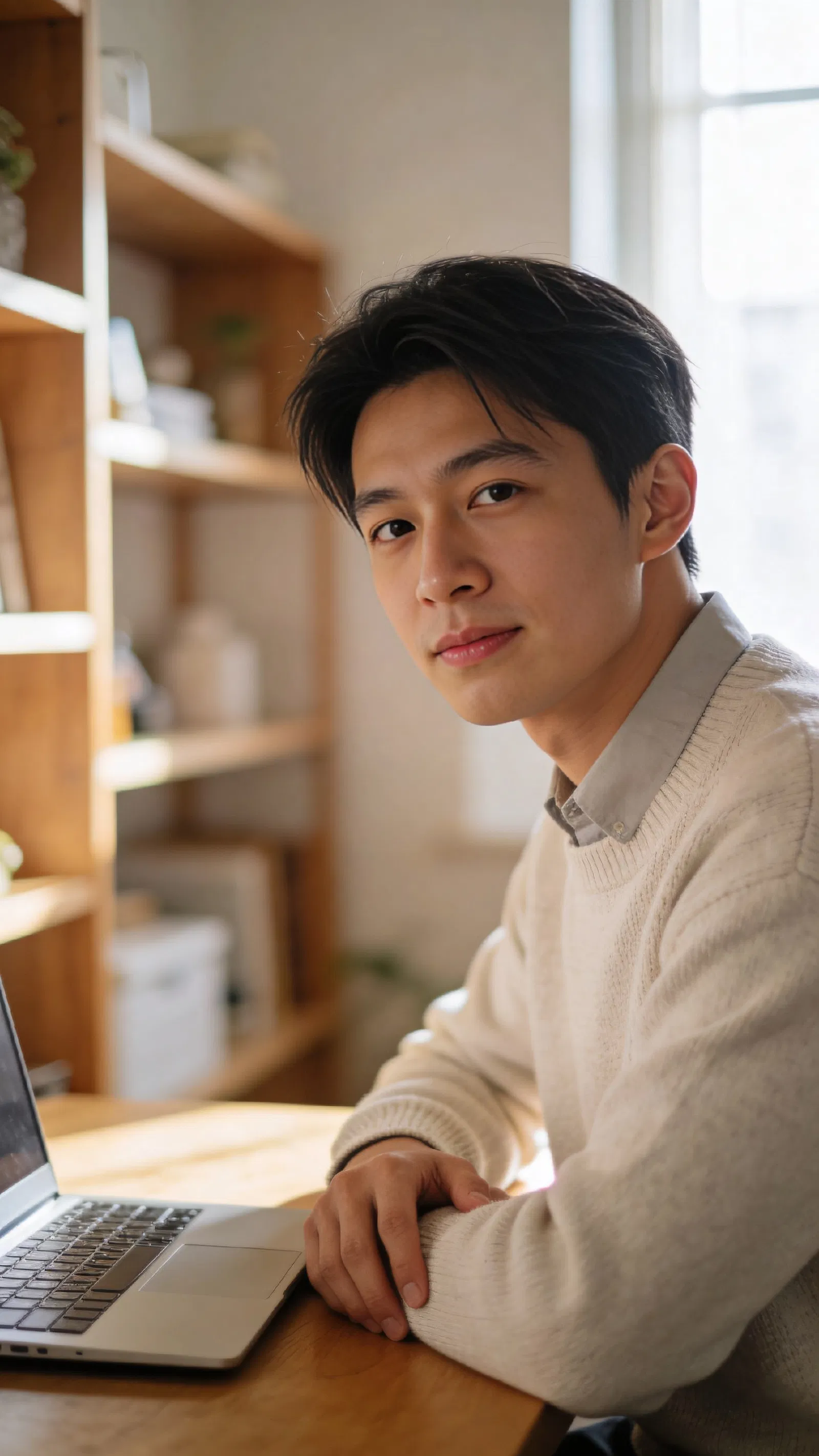 East Asian man at home office desk, authentic headshot generator online vibe